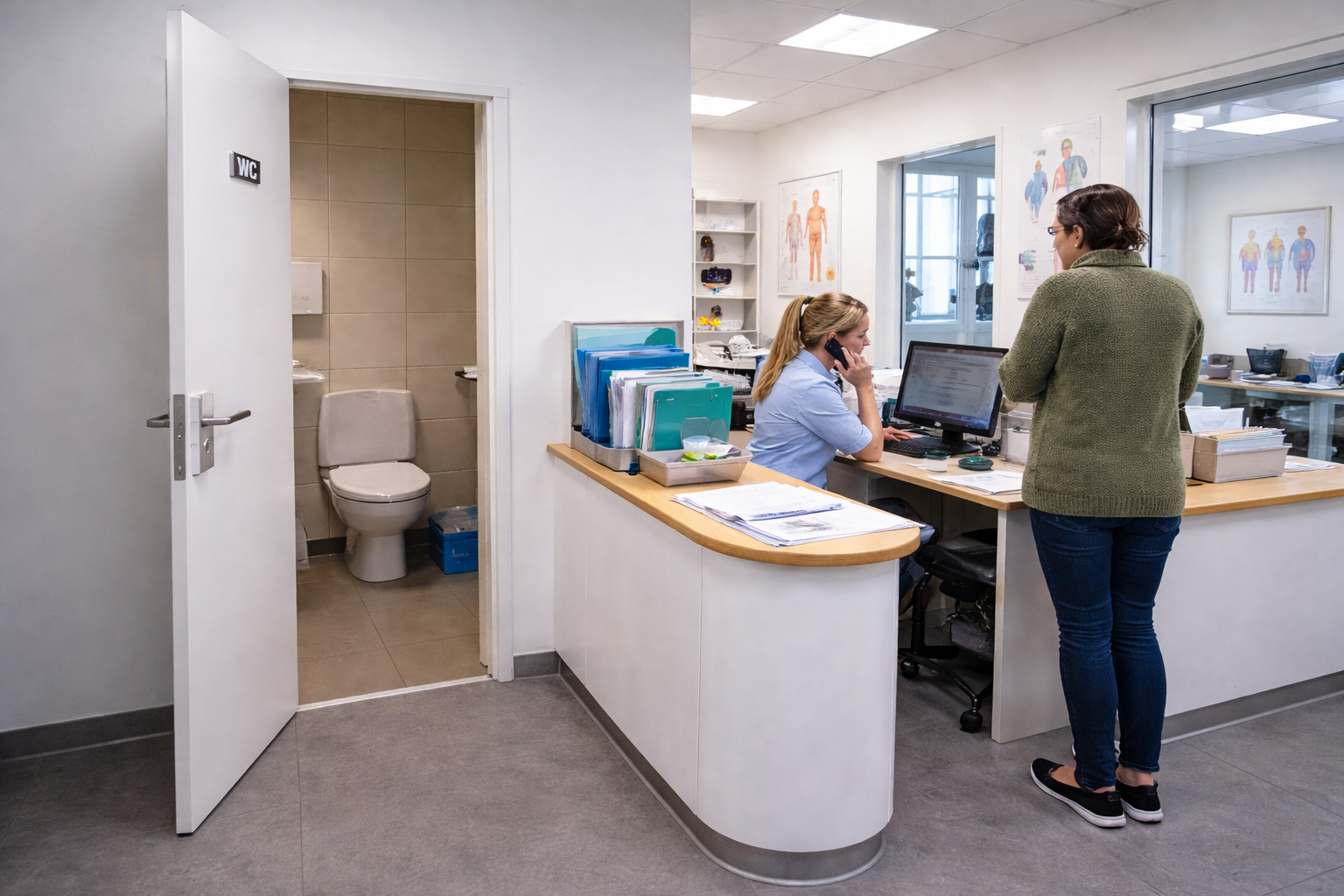 Bestehende Arztpraxis mit zu engen Raumverhältnissen und WC-Tür direkt am Empfang