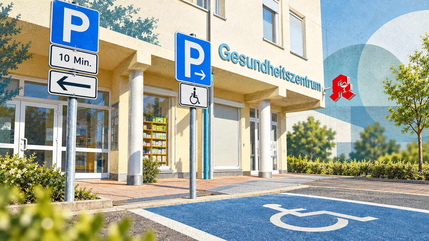 Parkplatzschilder und barrierefreier Stellplatz vor einem Gesundheitszentrum mit Apotheke