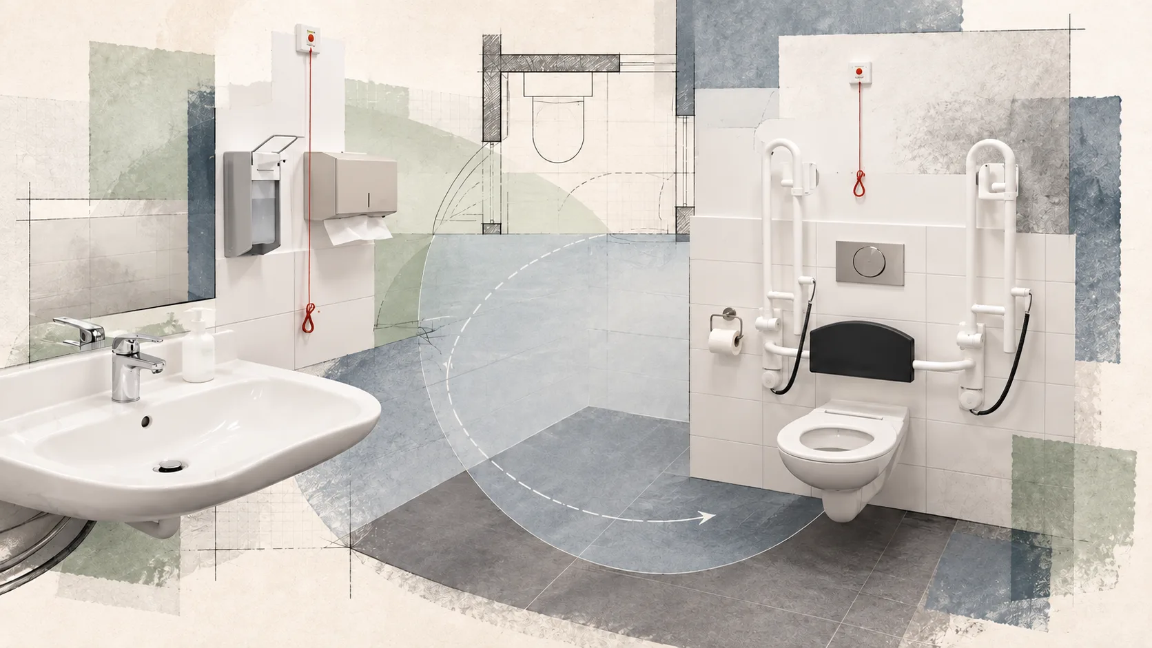 Redaktionelle Collage eines barrierefreien Patienten-WCs mit Waschbecken, Stützklappgriffen, Notrufzügen und überlagerter Bewegungs- und Grundrissgeometrie.