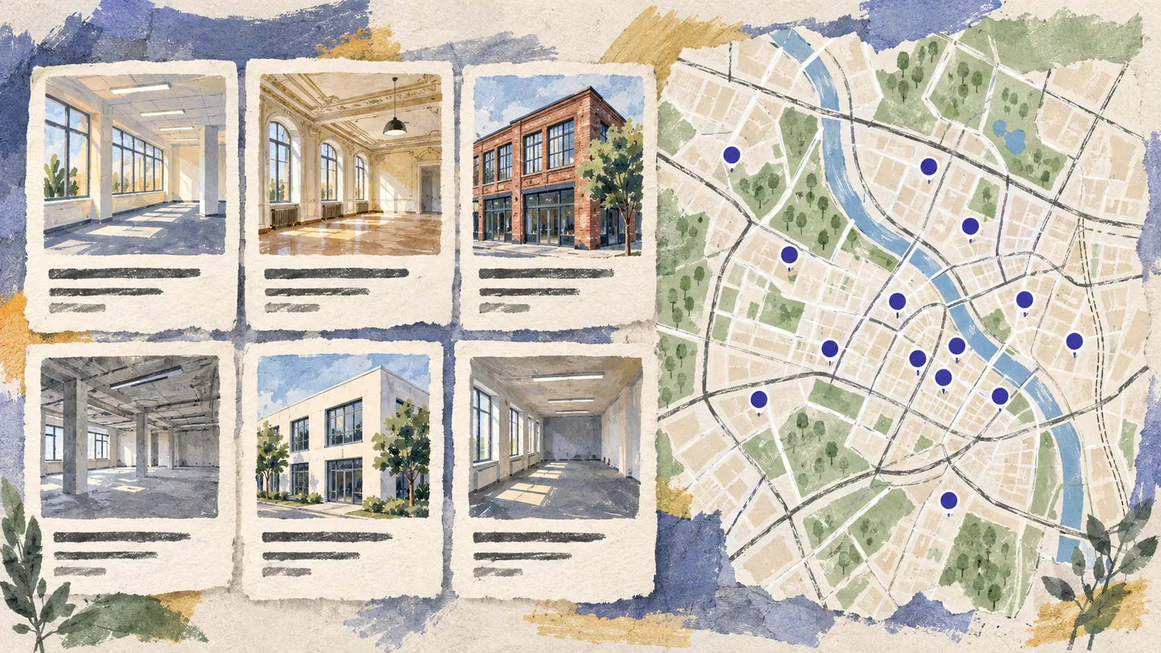 Sechs gemalte Immobilien-Angebotskarten mit unterschiedlichen Gewerbeflächen neben einer Stadtkarte mit Standortmarkierungen.