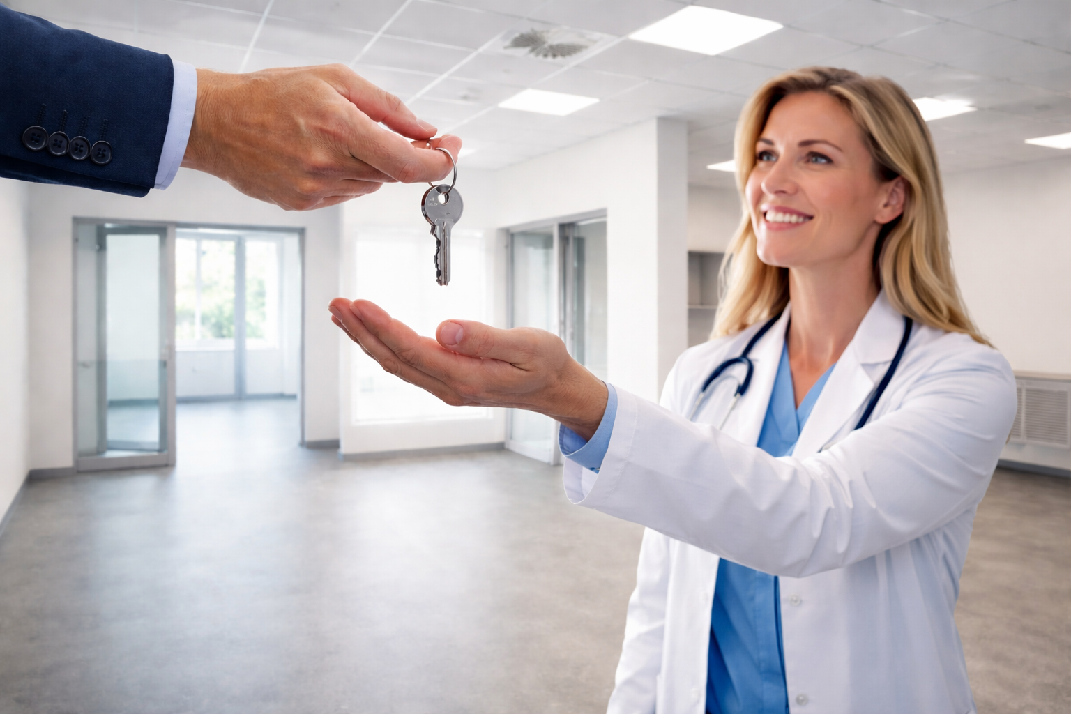 Ärztin übernimmt leere Praxisfläche vom Vermieter bei der Schlüsselübergabe