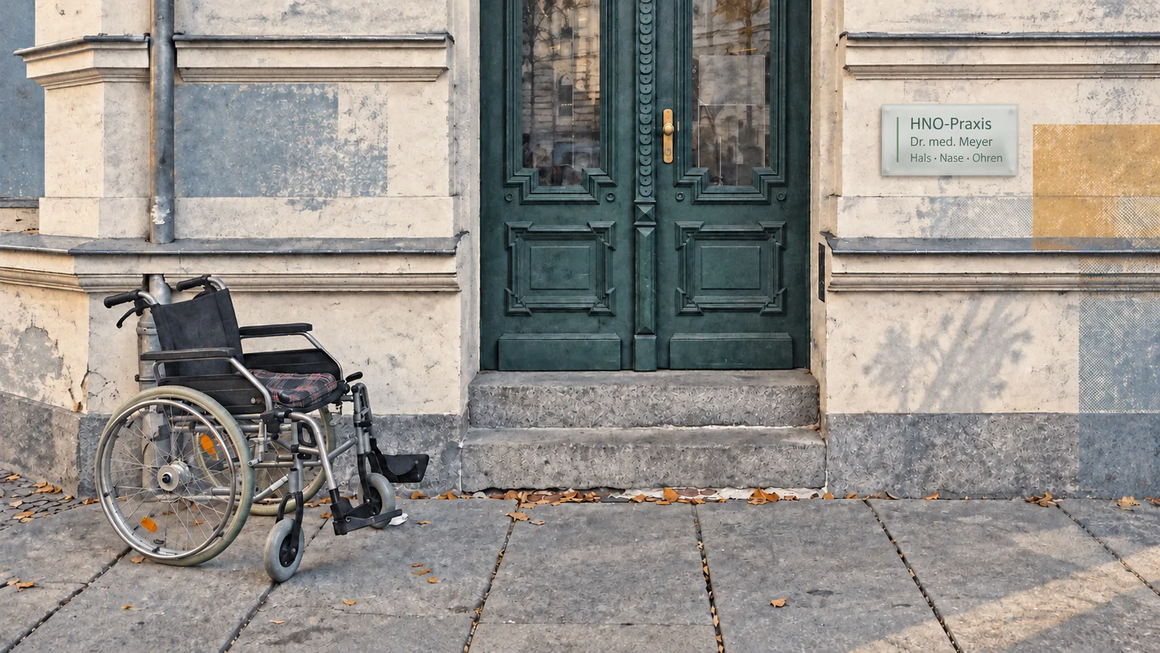 Leerer Rollstuhl auf dem Gehweg vor dem über mehrere Stufen erreichbaren Eingang einer Altbaupraxis mit einem dezenten HNO-Praxisschild.