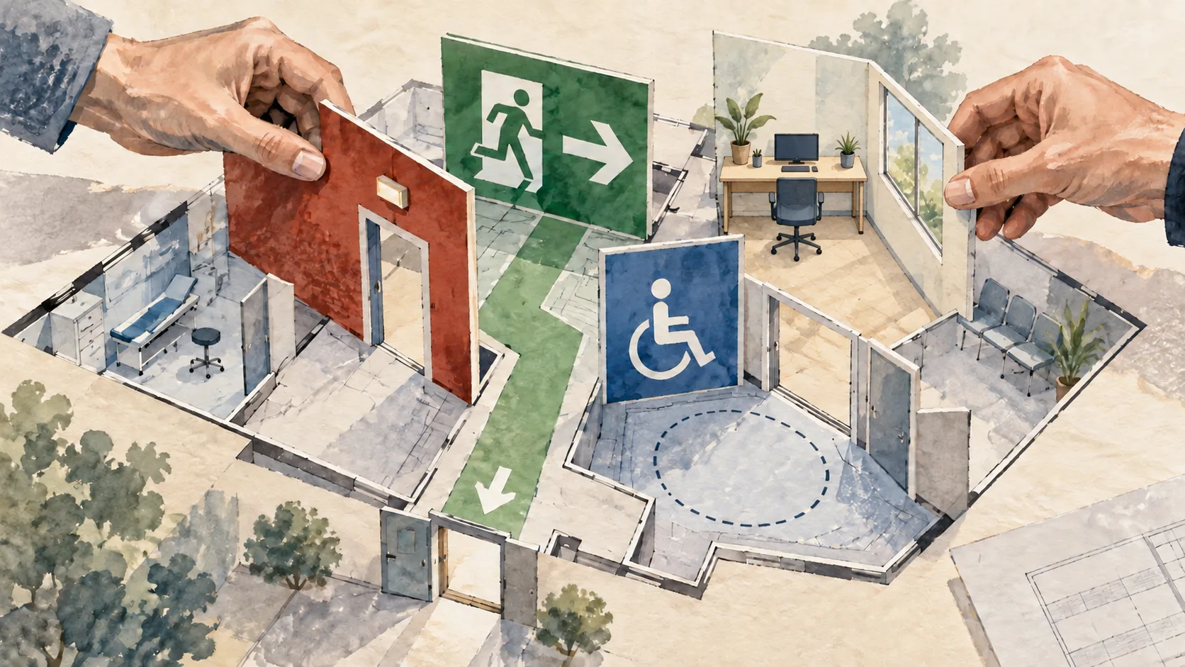 Aquarellcollage eines Praxisgrundrisses mit Brandschutzwand, Rettungswegzeichen, Rollstuhlsymbol und Bildschirmarbeitsplatz mit seitlichem Tageslicht.