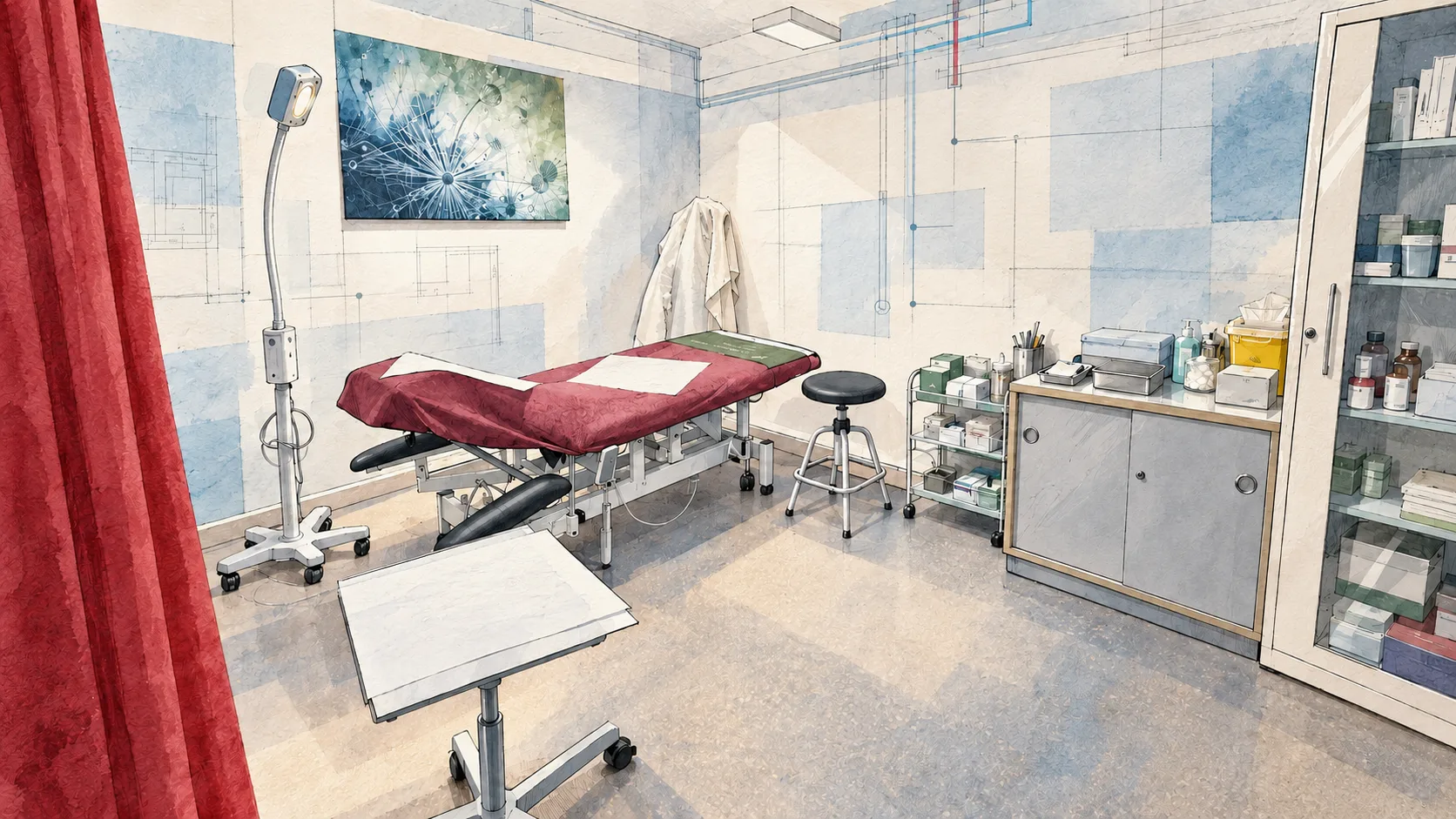Redaktionell illustrierter Untersuchungsraum mit Behandlungsliege, Leuchte, Arbeitsflächen, Materialschränken und angedeuteten Installationswegen