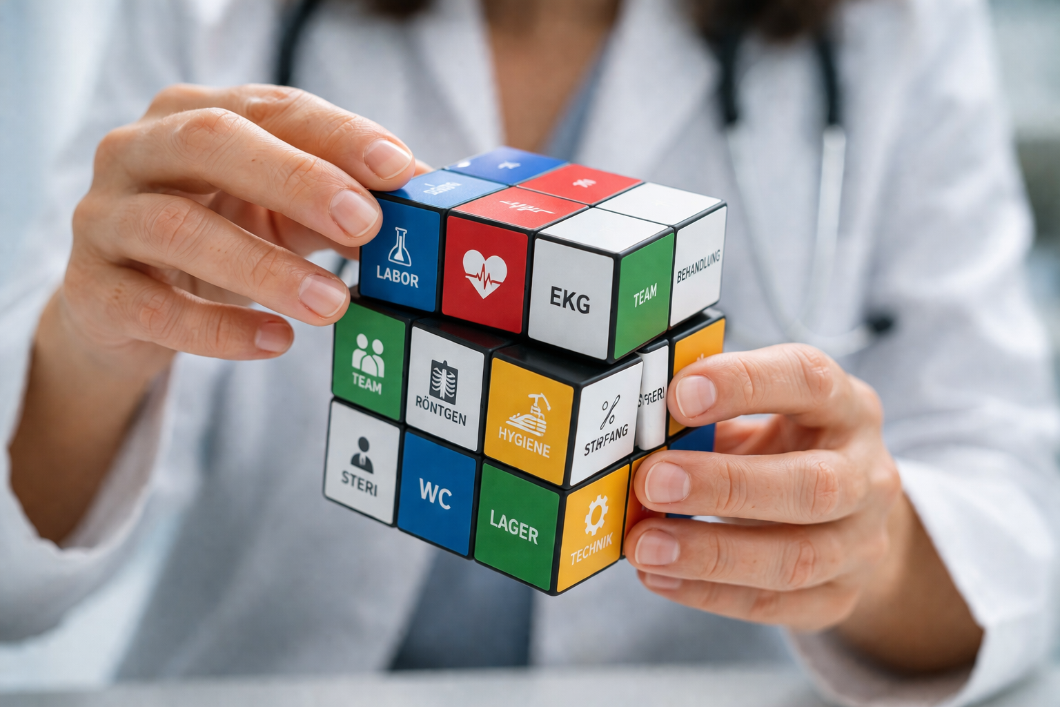 Ärztin dreht einen Zauberwürfel mit Praxisbegriffen wie Labor, EKG, Hygiene und Technik