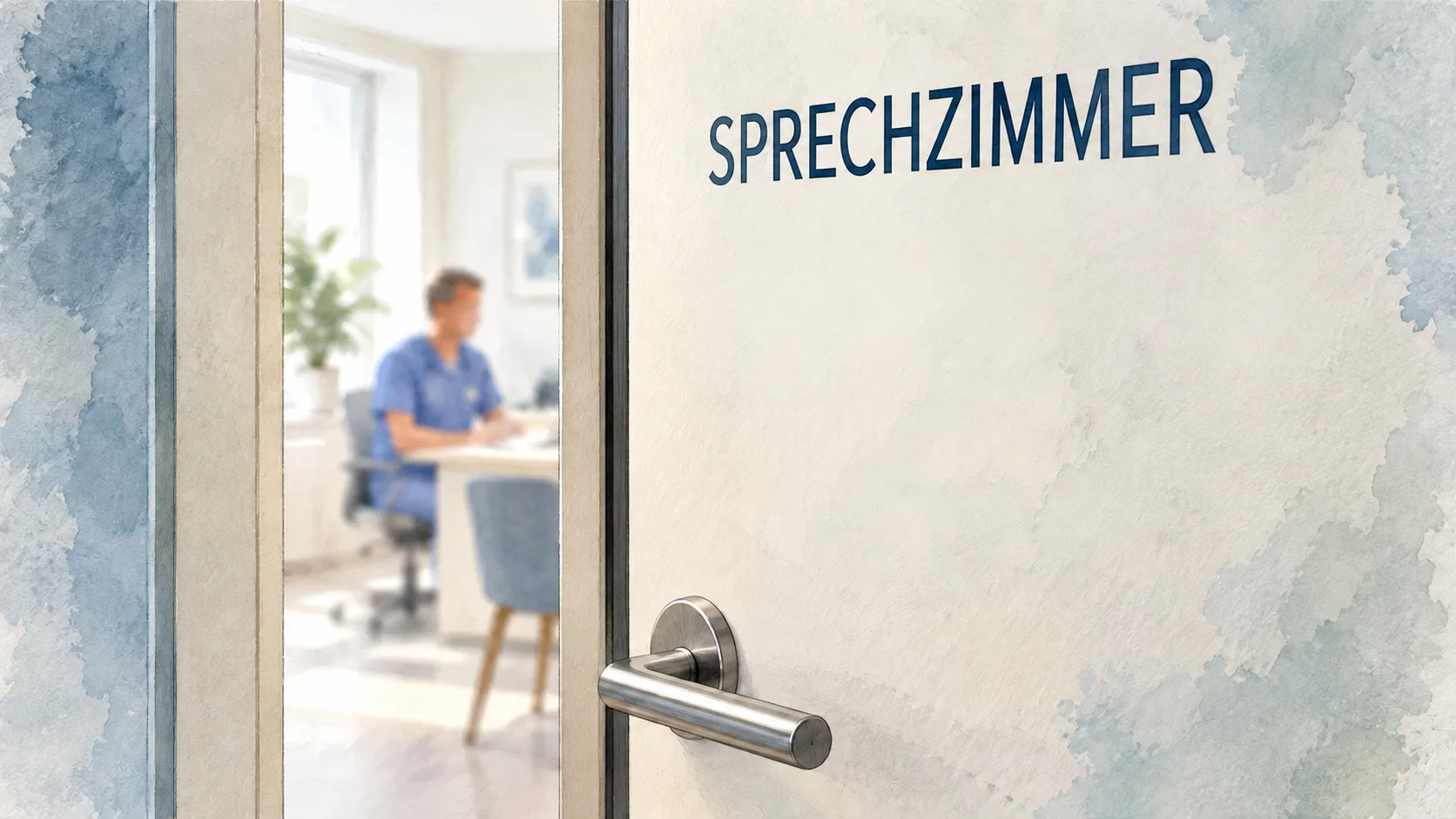 Halb geöffnete Sprechzimmertür mit Arzt im Hintergrund als Sinnbild für Schallschutz und Vertraulichkeit