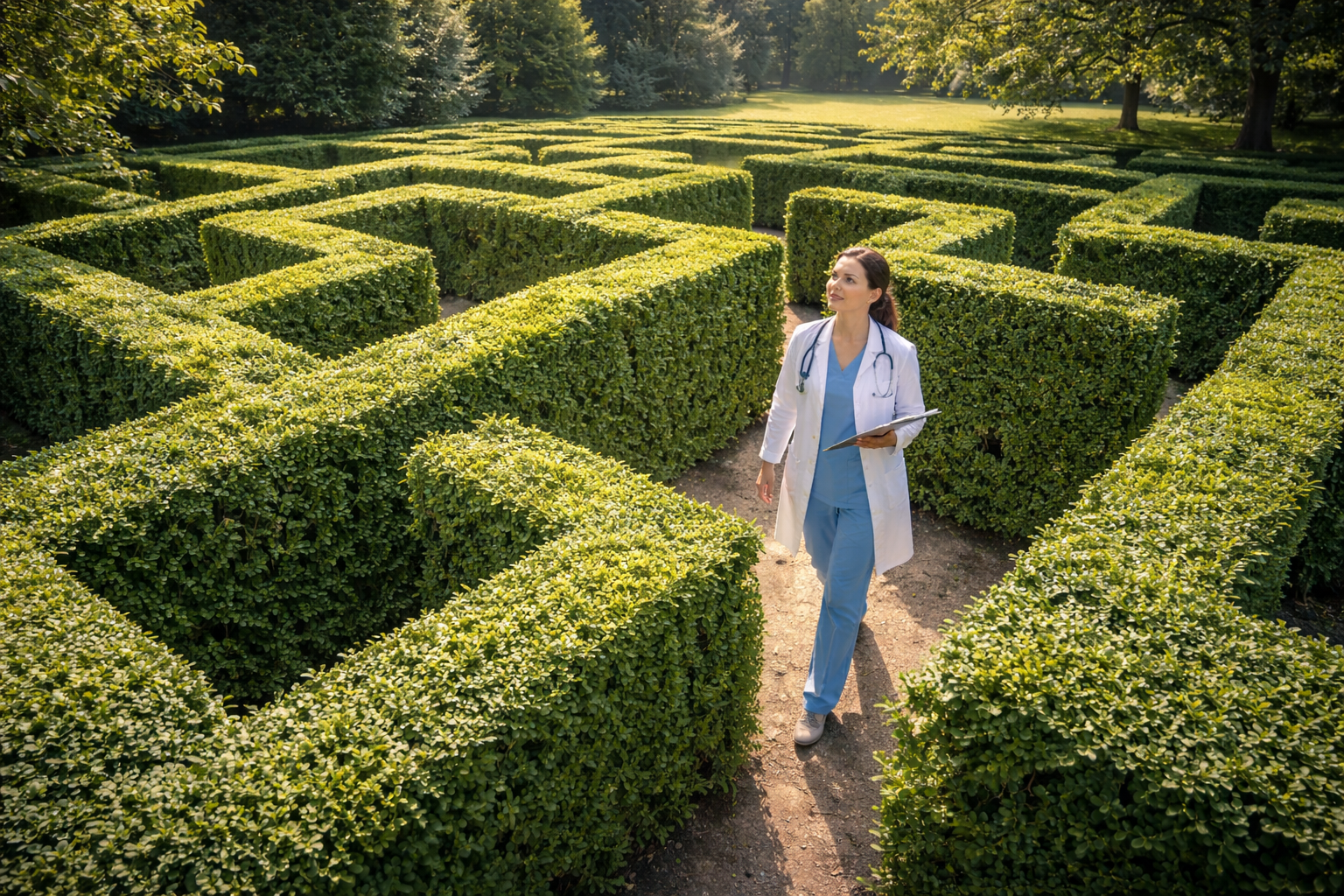 Ärztin in einem Parklabyrinth von oben als Bild für die komplexe Suche nach der passenden Praxisfläche