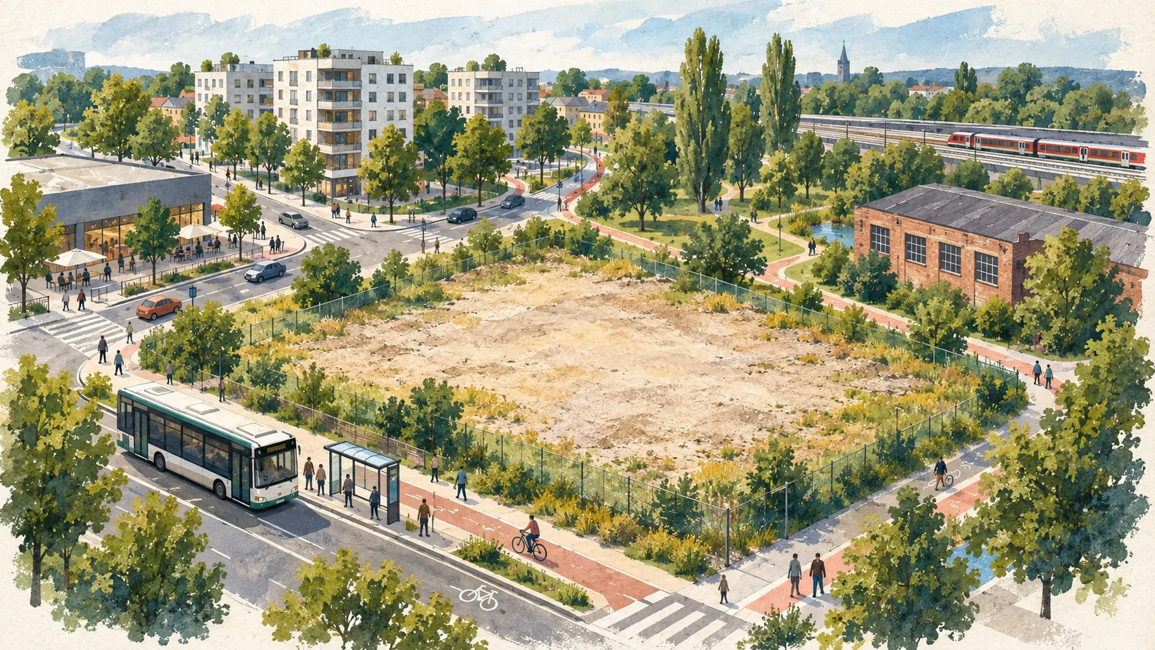 Offenes Baufeld mit ÖPNV, Radwegen, Wohnumfeld und benachbarten Nutzungen als Grundlage einer Standortanalyse für Gesundheitsimmobilien