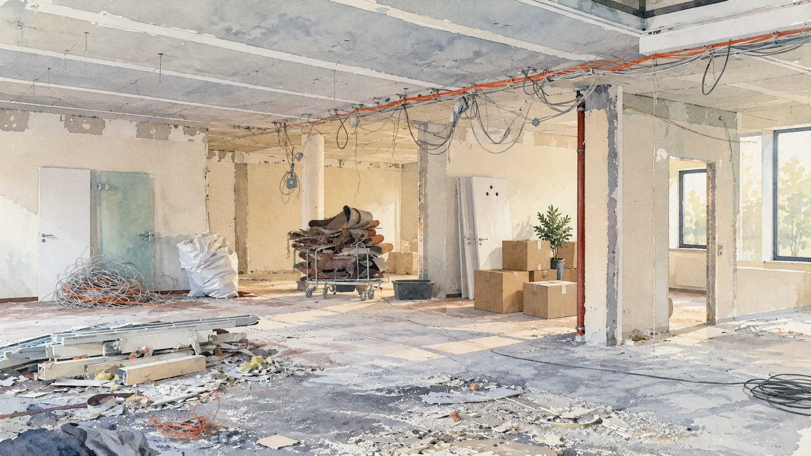 Aquarellillustration einer unfertigen Praxisfläche mit freiliegenden Installationen, Baumaterial und bereitgestellten Umzugskartons