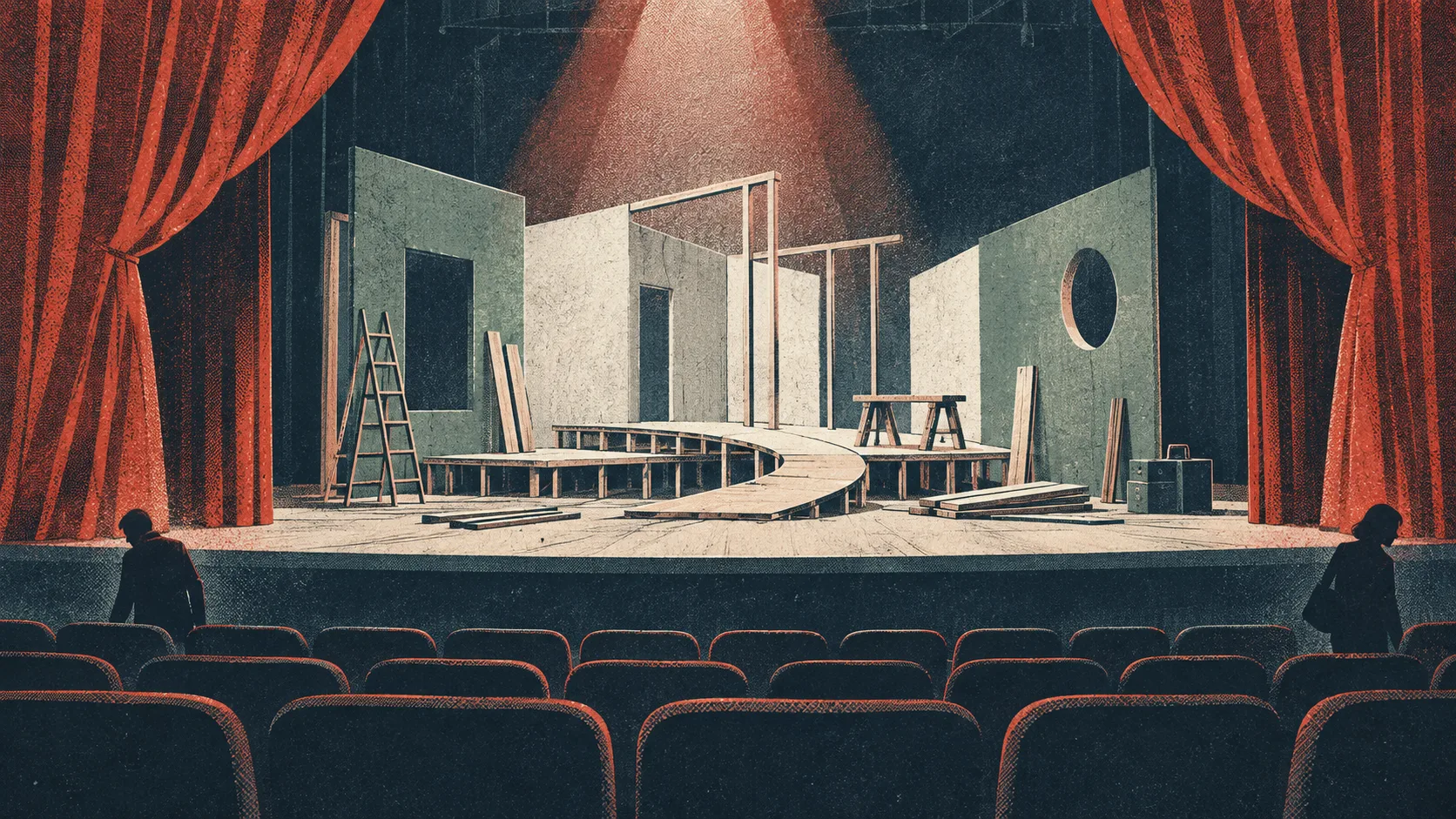 Zu früh geöffnete Theaterbühne mit unfertigem Aufbau als Sinnbild für die verfrühte Vermarktung von Gesundheitsimmobilien