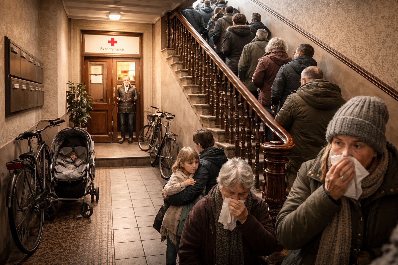 Infektpatienten im Treppenhaus einer Hausarztpraxis im Altbau