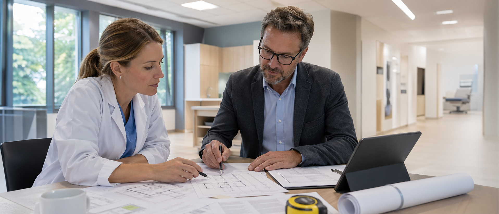 Praxisfläche Mietvertrag prüfen: Ärztin und Berater prüfen Grundriss und Unterlagen in künftiger Praxisfläche vor Mietvertragsabschluss