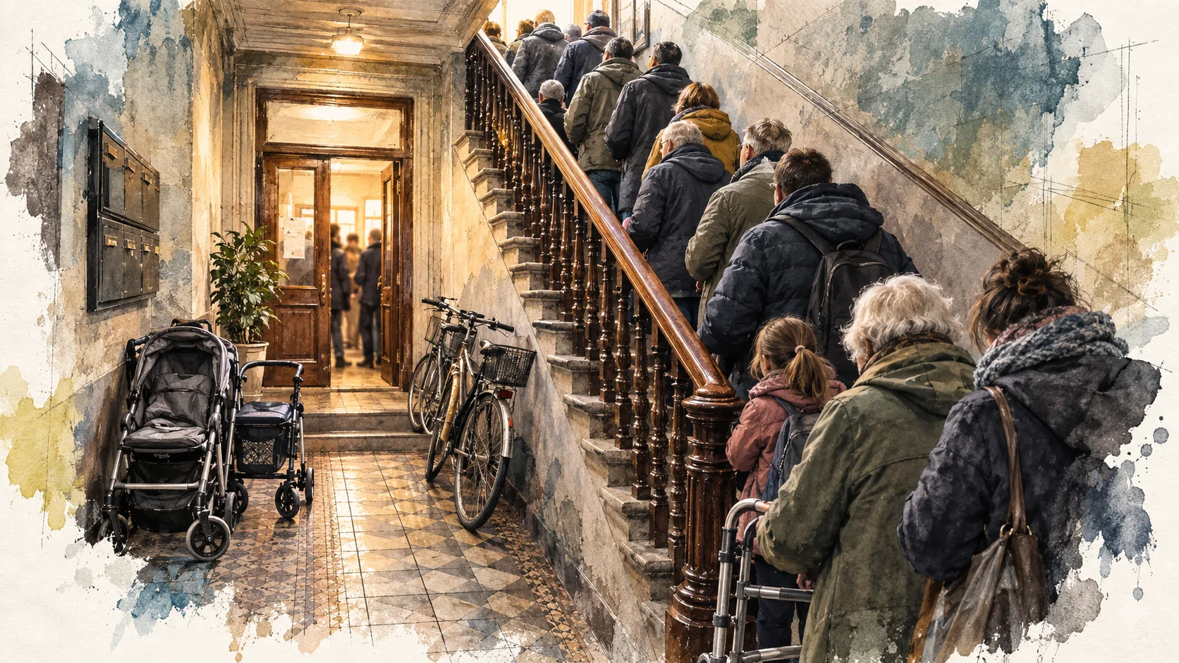 Wartende Patienten im engen Altbautreppenhaus einer Praxis ohne Aufzug