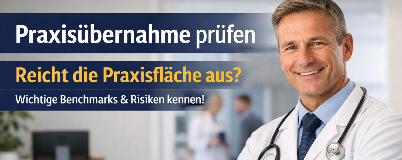 Praxisübernahme prüfen: Reicht die Praxisfläche einer Arztpraxis? Grafik zur Bewertung von Praxisräumen und Flächenbedarf.