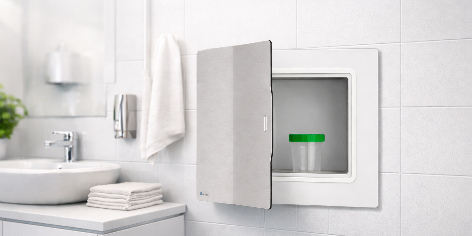 Urinprobe in der Arztpraxis über eine Labordurchreiche abgeben – diskrete Übergabe zwischen Patienten-WC und Praxislabor