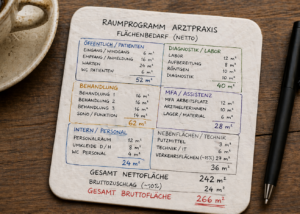 Raumprogramm und Flächenbedarf für eine Arztpraxis als schematische Bierdeckelrechnung mit Flächenzonen und Quadratmetern