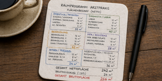 Raumprogramm und Flächenbedarf für eine Arztpraxis als schematische Bierdeckelrechnung mit Flächenzonen und Quadratmetern