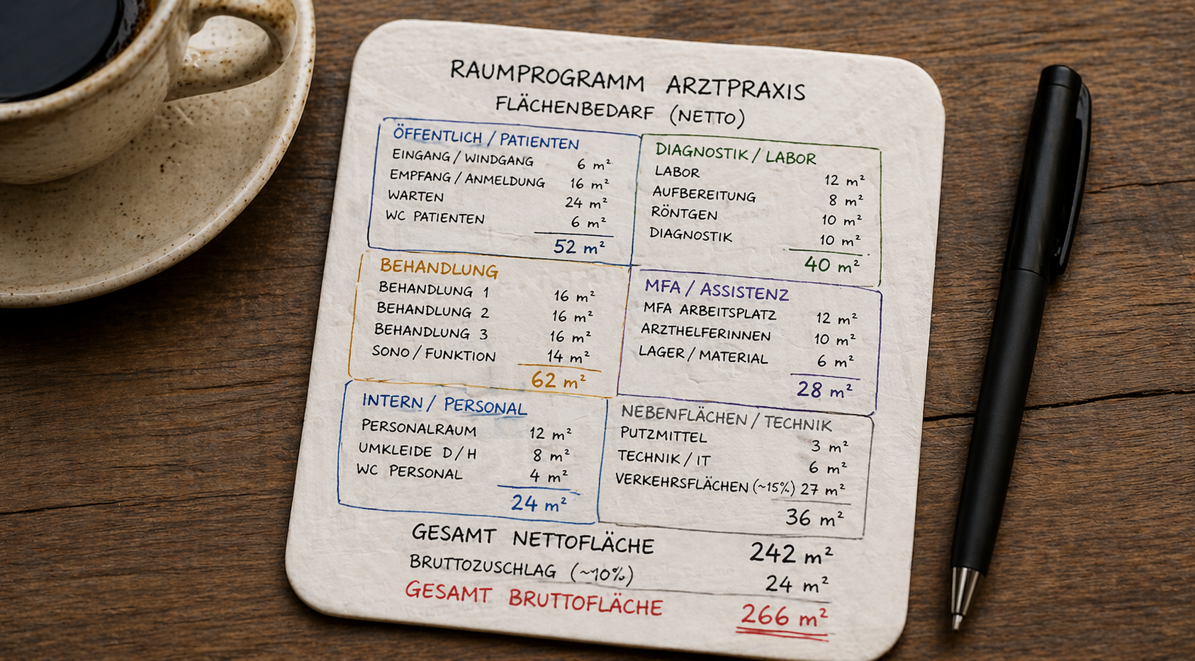 Raumprogramm und Flächenbedarf für eine Arztpraxis als schematische Bierdeckelrechnung mit Flächenzonen und Quadratmetern