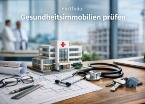 Gesundheitsimmobilien prüfen: Modell einer medizinischen Immobilie auf Bauplänen mit Stethoskop, Schlüssel und Laptop als Symbol für fachliche Vorprüfung und realistische Nutzungsbewertung