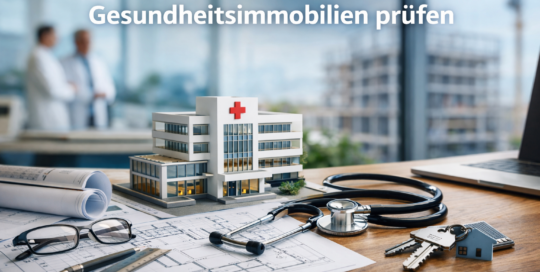 Gesundheitsimmobilien prüfen: Modell einer medizinischen Immobilie auf Bauplänen mit Stethoskop, Schlüssel und Laptop als Symbol für fachliche Vorprüfung und realistische Nutzungsbewertung