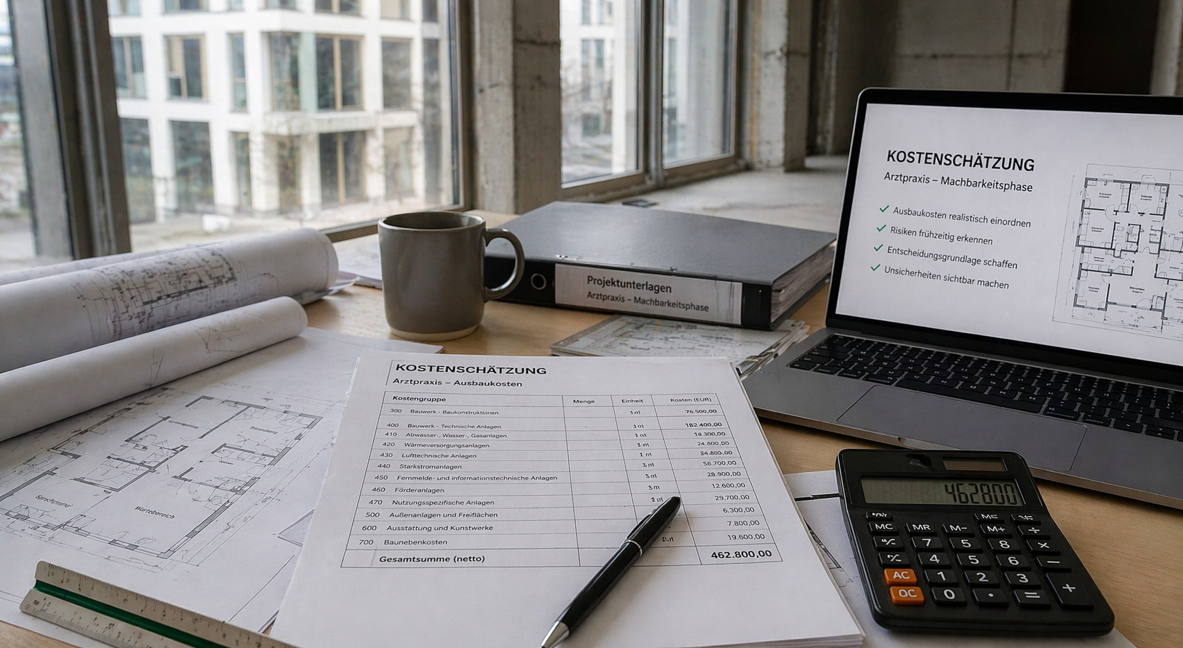 Kostenschätzung vor Mietvertrag mit Unterlagen, Grundrissen und Kostenübersicht für ein medizinisches Projekt