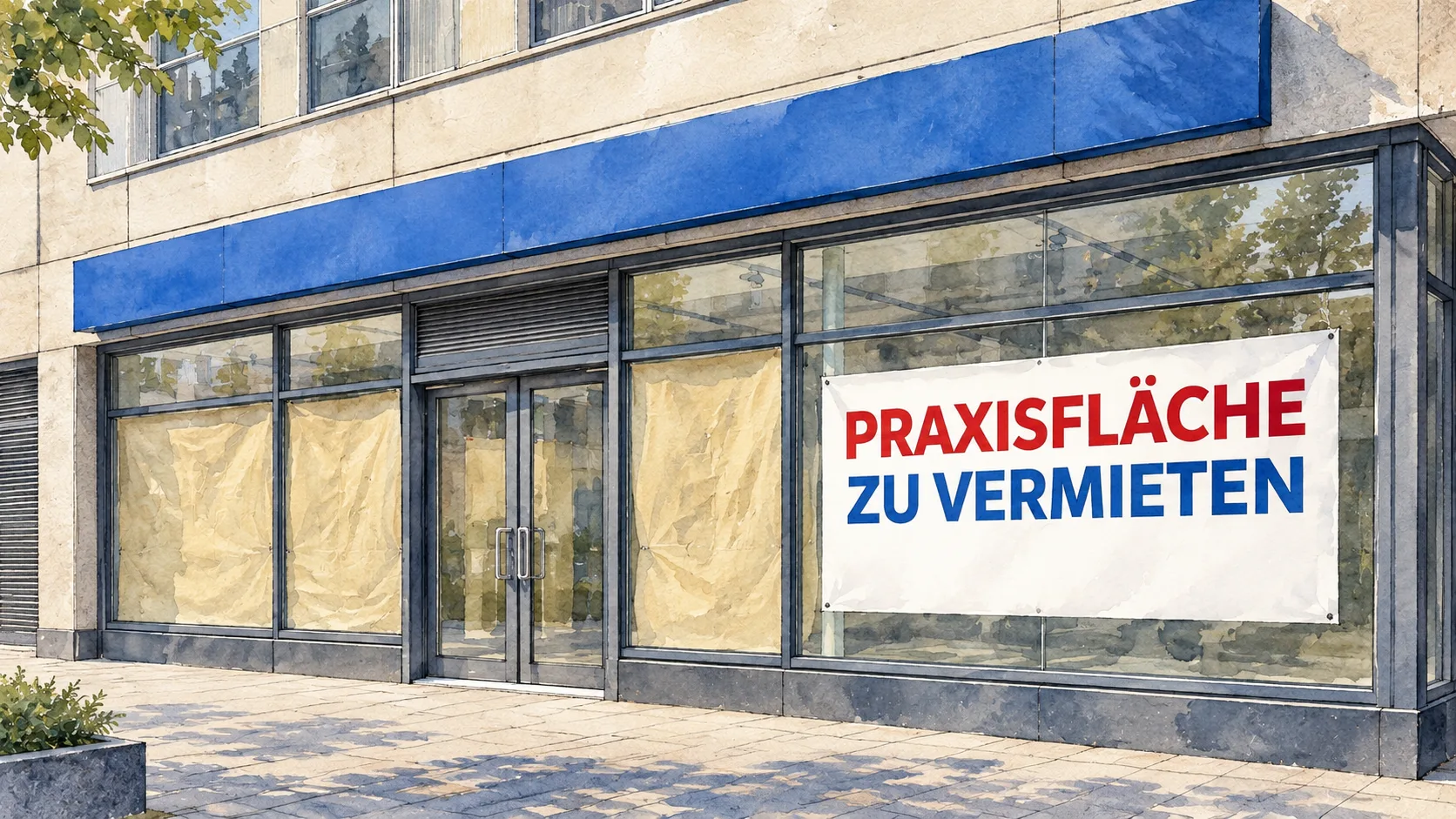 Praxisfläche prüfen bei einer leerstehenden ehemaligen Bankfiliale mit dem Hinweis Praxisfläche zu vermieten