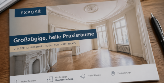 Exposé einer Altbaufläche mit dem Slogan „Großzügige helle Praxisräume“ als Beispiel für die fachliche Vorprüfung vor Anmietung
