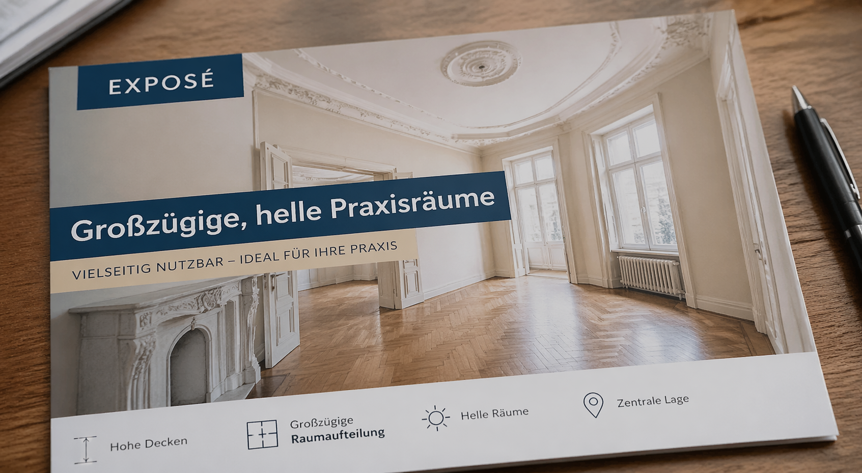 Exposé einer Altbaufläche mit dem Slogan „Großzügige helle Praxisräume“ als Beispiel für die fachliche Vorprüfung vor Anmietung