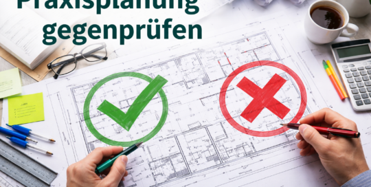 Praxisplanung fachlich gegenprüfen mit grünem Haken und rotem Kreuz auf einem Praxisgrundriss