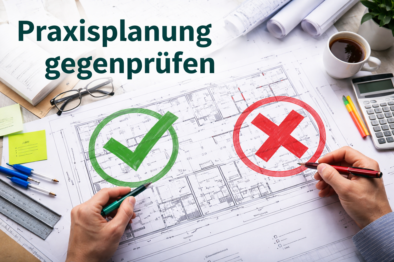 Praxisplanung fachlich gegenprüfen mit grünem Haken und rotem Kreuz auf einem Praxisgrundriss