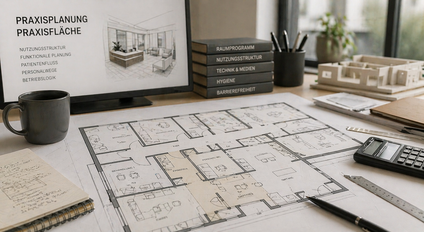 Praxisplanung Praxisfläche mit Grundriss, Entwurfsstand und funktionaler Flächenstruktur einer Arztpraxis