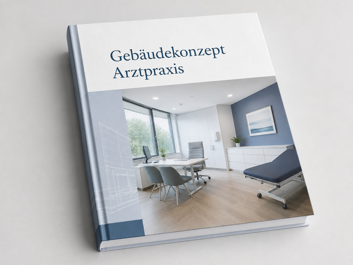 Gebäudekonzept Arztpraxis als individuelles Planungsbuch mit Foto eines modernen Sprechzimmers