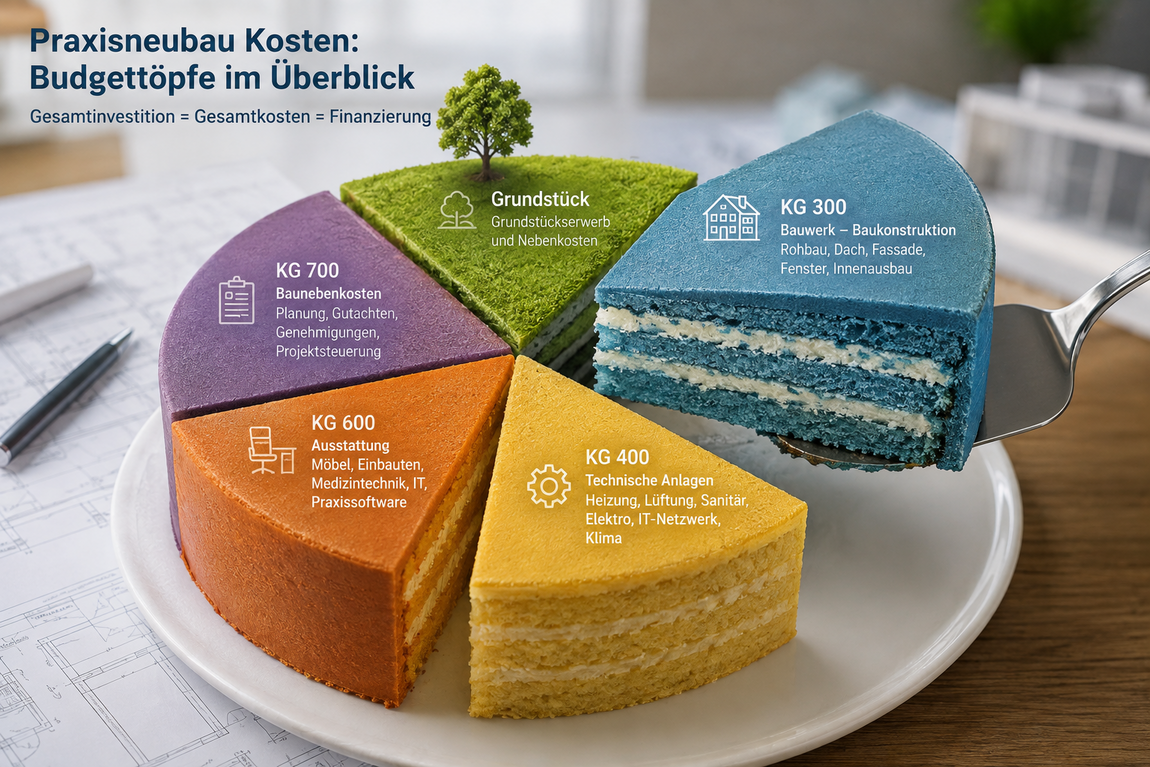 `Praxisneubau Kosten als Budgettöpfe für Grundstück, KG 300, KG 400, KG 600 und KG 700 dargestellt