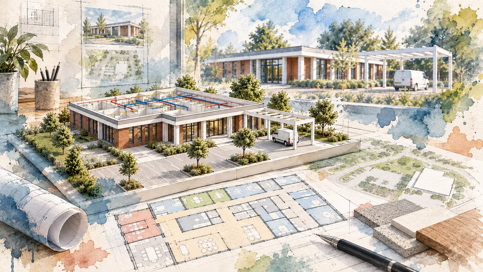 Praxisneubau als Aquarellkomposition aus Gebäudemodell, Grundriss und Planung