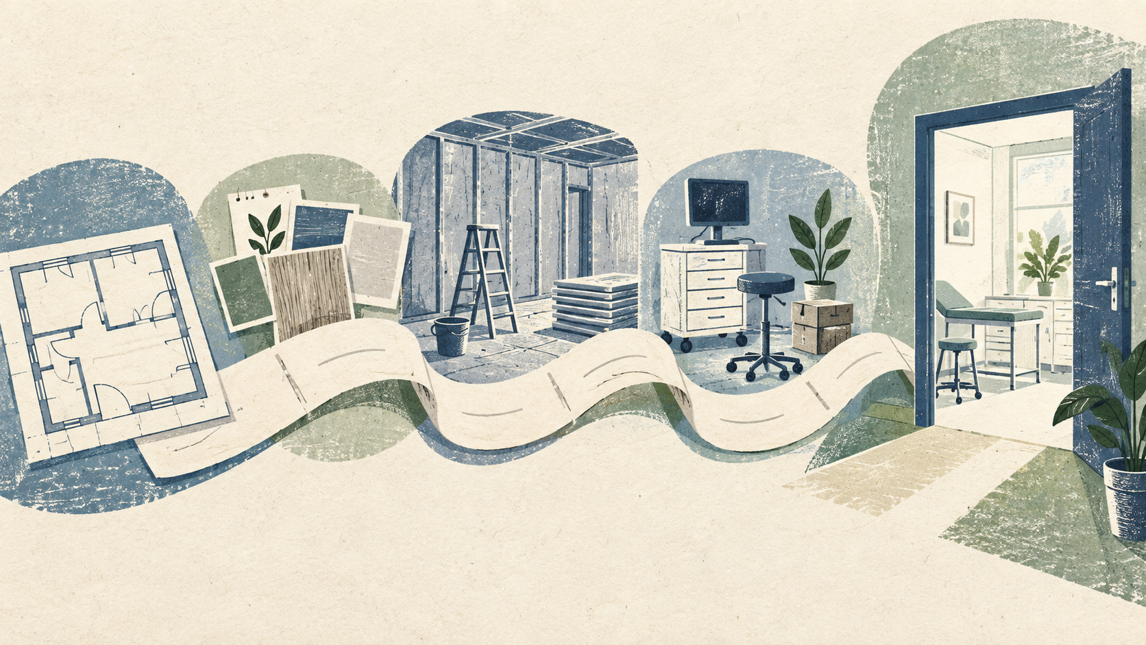 Illustrativer Projektzeitenplan für eine Arztpraxis vom Grundriss über Ausbau und Ausstattung bis zur Betriebsaufnahme