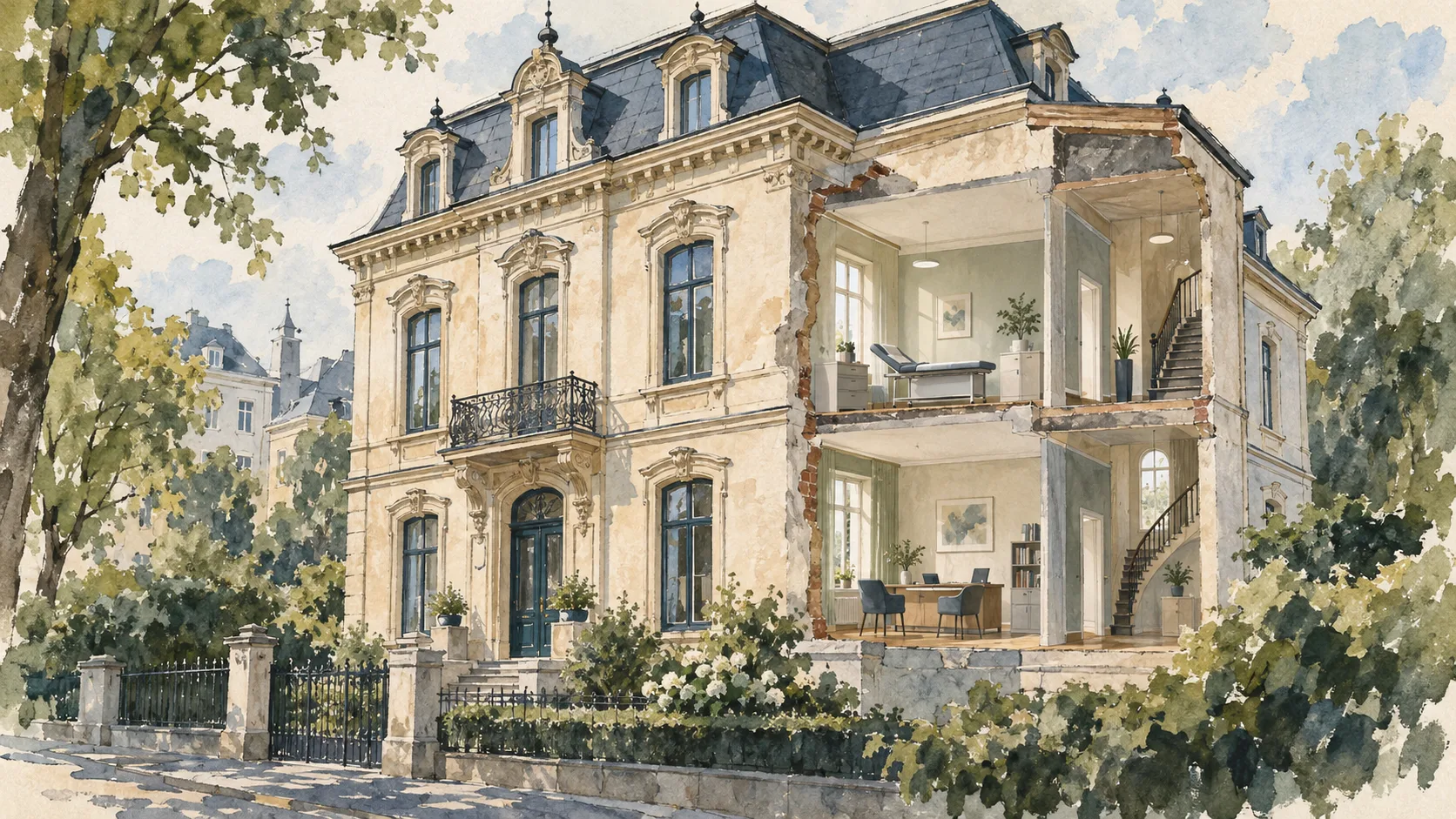 Historische Stadtvilla mit illustrativ geöffnetem Gebäudeteil, Behandlungsraum, Besprechungsbereich und Treppen über mehrere Geschosse.