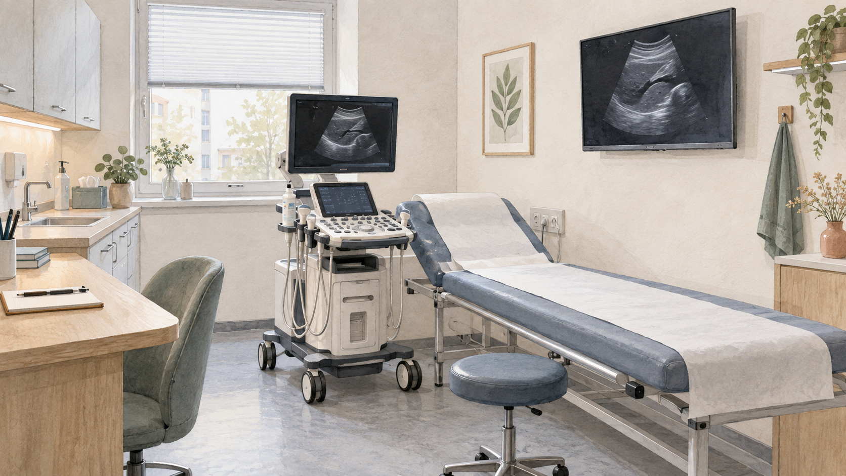 Technikkonzept Arztpraxis mit Sonografieraum, Ultraschallgerät und Patientenmonitor